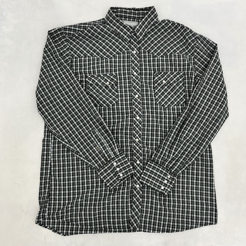 Wrangler Wrancher Mens Size XLT Button Up Western Shirt Green Plaid Pearl Snap